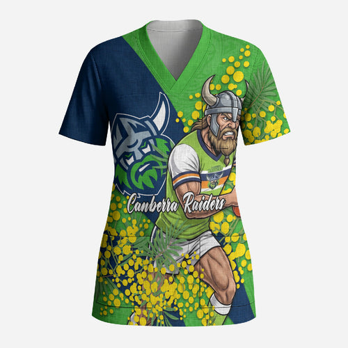 Canberra Raiders Scrub Top Golden Wattle Floral Polynesian - Australian Flower - Rugby Mascot