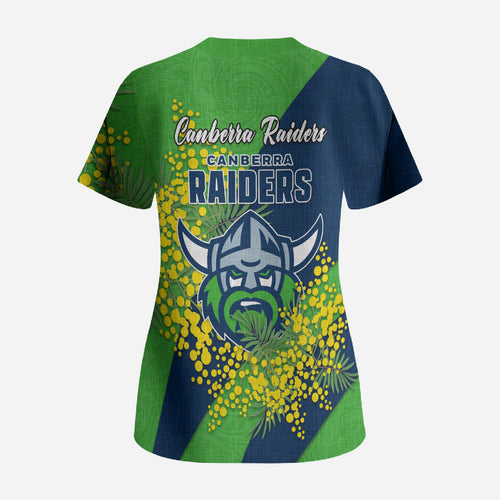 Canberra Raiders Scrub Top Golden Wattle Floral Polynesian - Australian Flower - Rugby Mascot