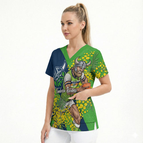 Canberra Raiders Scrub Top Golden Wattle Floral Polynesian - Australian Flower - Rugby Mascot