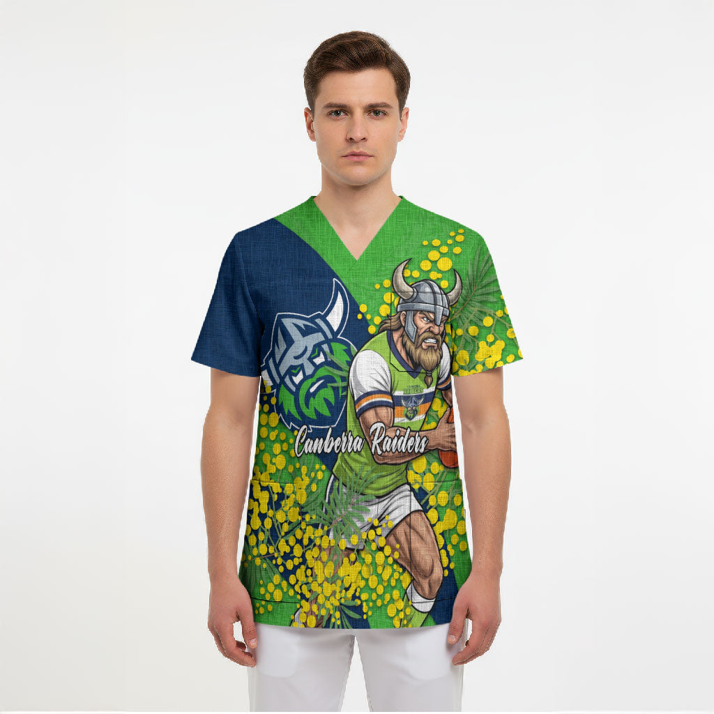 Canberra Raiders Scrub Top Golden Wattle Floral Polynesian - Australian Flower - Rugby Mascot