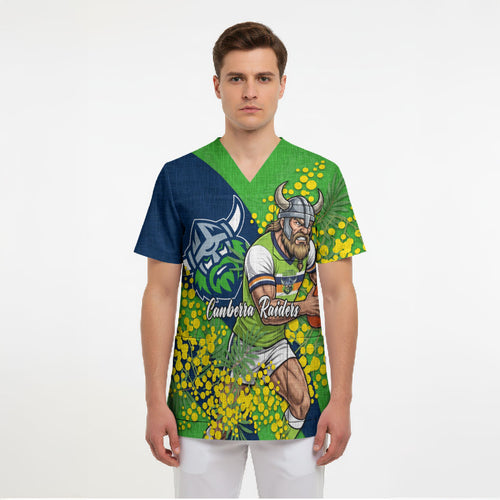 Canberra Raiders Scrub Top Golden Wattle Floral Polynesian - Australian Flower - Rugby Mascot