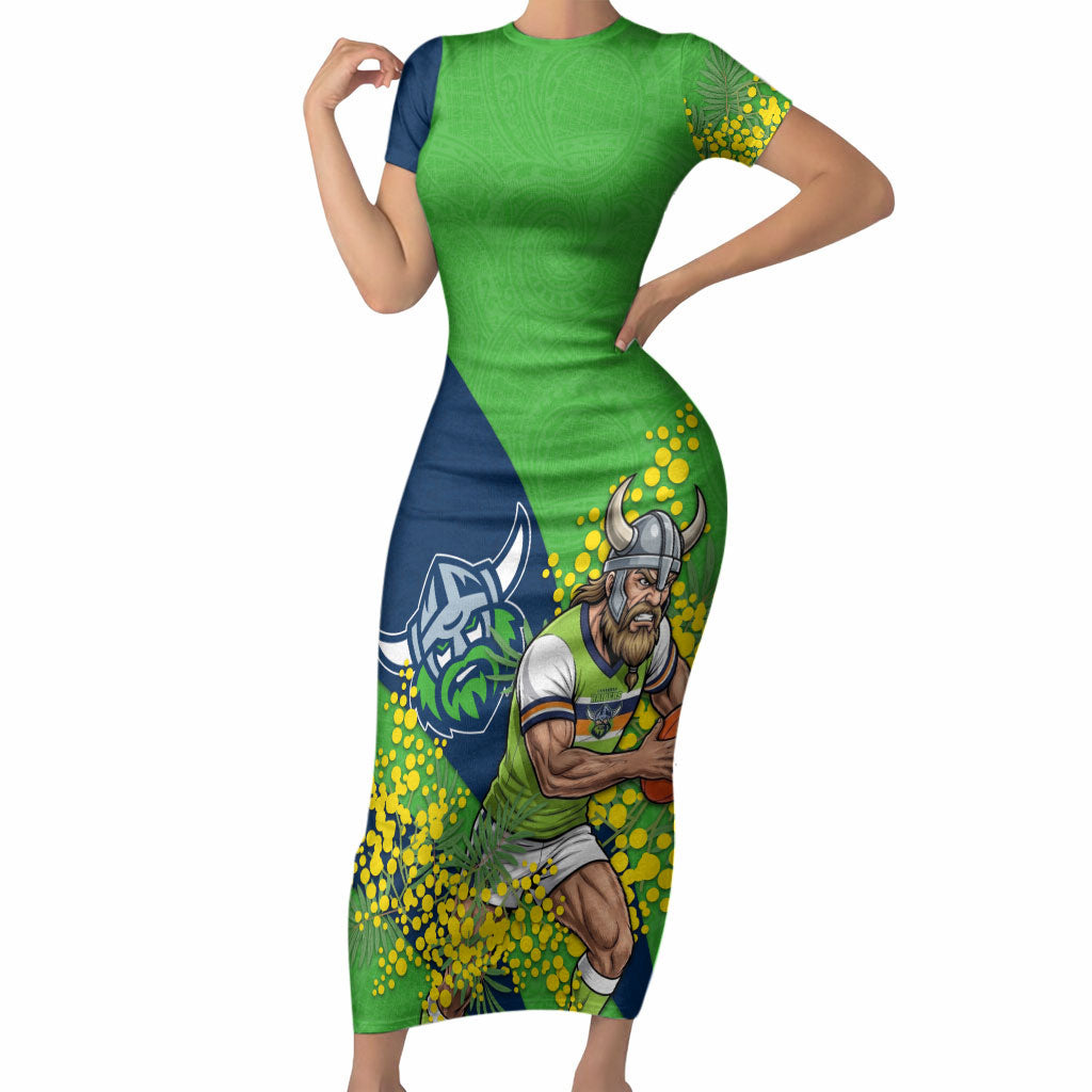 Canberra Raiders Short Sleeve Bodycon Dress Golden Wattle Floral Polynesian - Australian Flower - Rugby Mascot