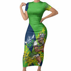 Canberra Raiders Short Sleeve Bodycon Dress Golden Wattle Floral Polynesian - Australian Flower - Rugby Mascot