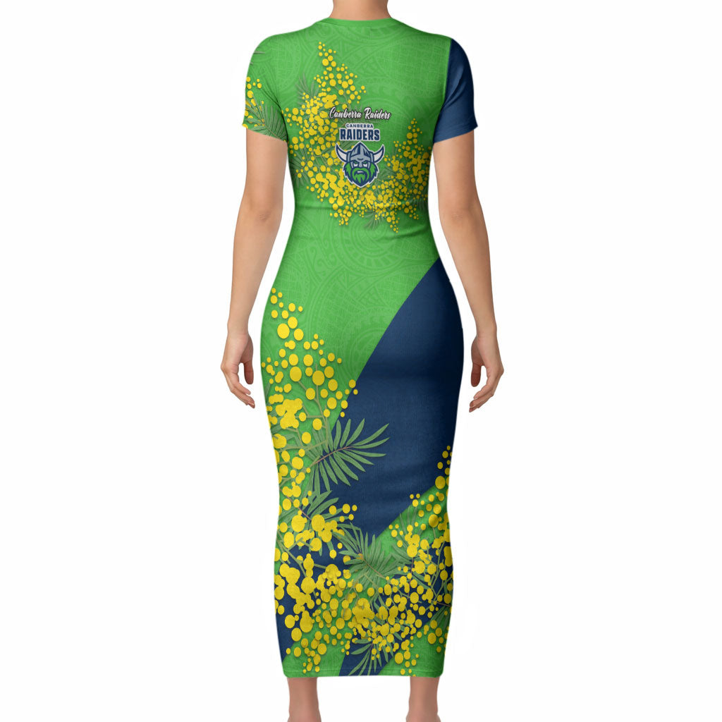 Canberra Raiders Short Sleeve Bodycon Dress Golden Wattle Floral Polynesian - Australian Flower - Rugby Mascot