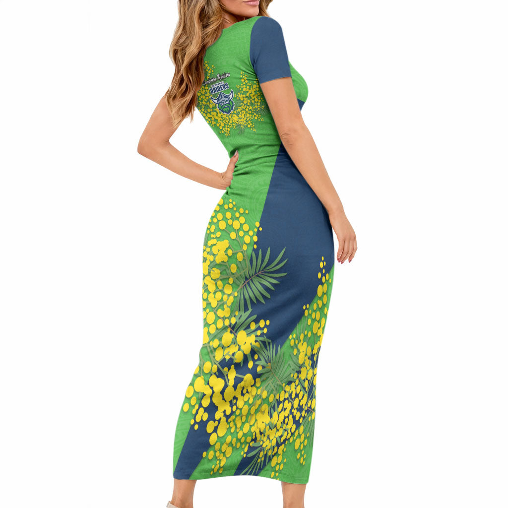 Canberra Raiders Short Sleeve Bodycon Dress Golden Wattle Floral Polynesian - Australian Flower - Rugby Mascot
