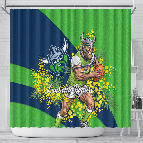 Canberra Raiders Shower Curtain Golden Wattle Floral Polynesian - Australian Flower - Rugby Mascot