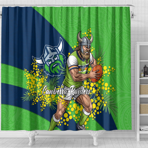 Canberra Raiders Shower Curtain Golden Wattle Floral Polynesian - Australian Flower - Rugby Mascot