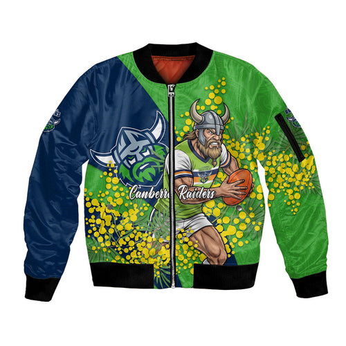 Canberra Raiders Sleeve Zip Bomber Jacket Golden Wattle Floral Polynesian - Australian Flower - Rugby Mascot
