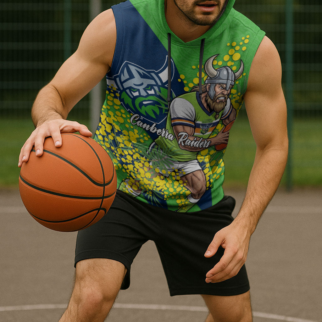 Canberra Raiders Sleeveless Hoodie Golden Wattle Floral Polynesian - Australian Flower - Rugby Mascot