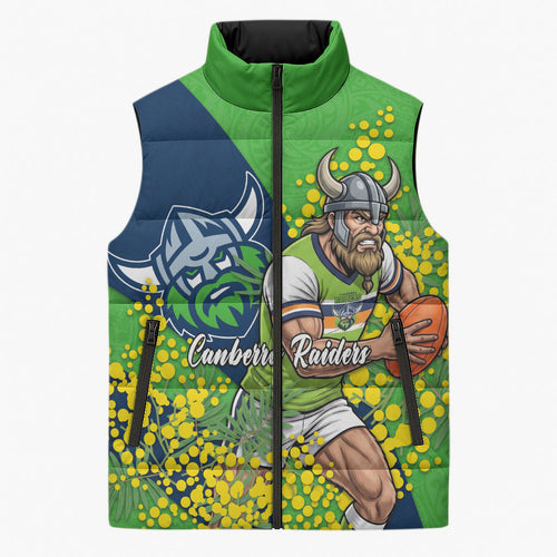 Canberra Raiders Sleeveless Puffer Jacket Golden Wattle Floral Polynesian - Australian Flower - Rugby Mascot