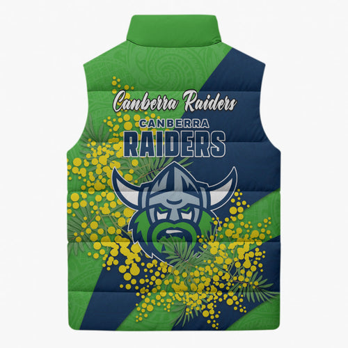 Canberra Raiders Sleeveless Puffer Jacket Golden Wattle Floral Polynesian - Australian Flower - Rugby Mascot