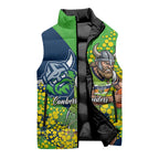 Canberra Raiders Sleeveless Puffer Jacket Golden Wattle Floral Polynesian - Australian Flower - Rugby Mascot