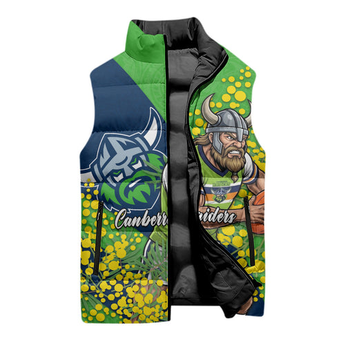Canberra Raiders Sleeveless Puffer Jacket Golden Wattle Floral Polynesian - Australian Flower - Rugby Mascot