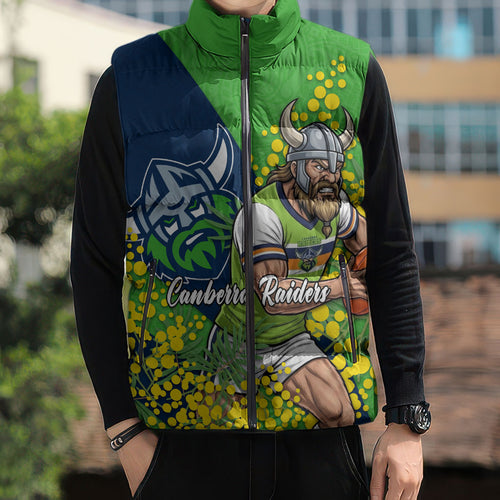 Canberra Raiders Sleeveless Puffer Jacket Golden Wattle Floral Polynesian - Australian Flower - Rugby Mascot