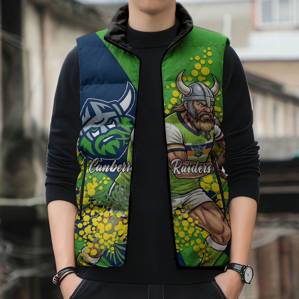 Canberra Raiders Sleeveless Puffer Jacket Golden Wattle Floral Polynesian - Australian Flower - Rugby Mascot