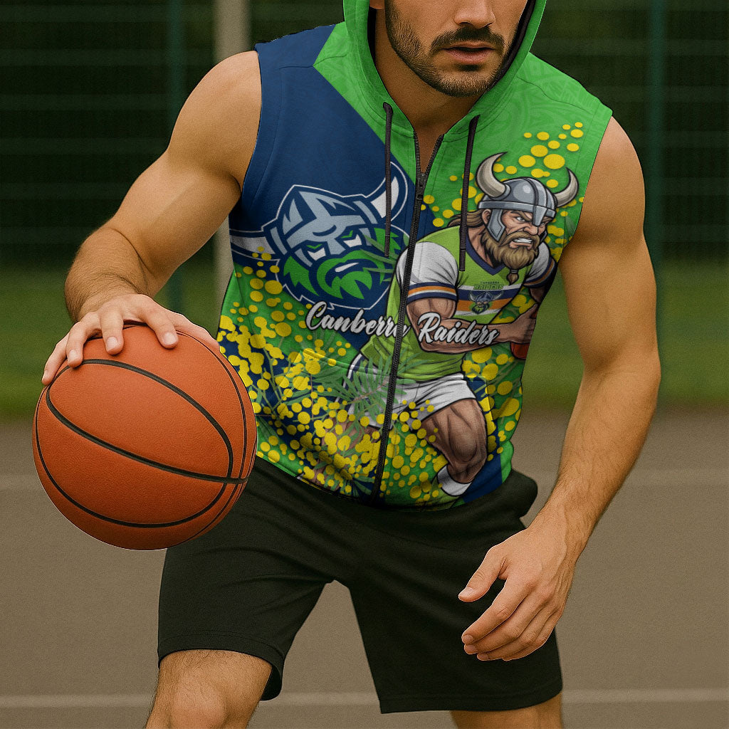 Canberra Raiders Sleeveless Zip Hoodie Golden Wattle Floral Polynesian - Australian Flower - Rugby Mascot