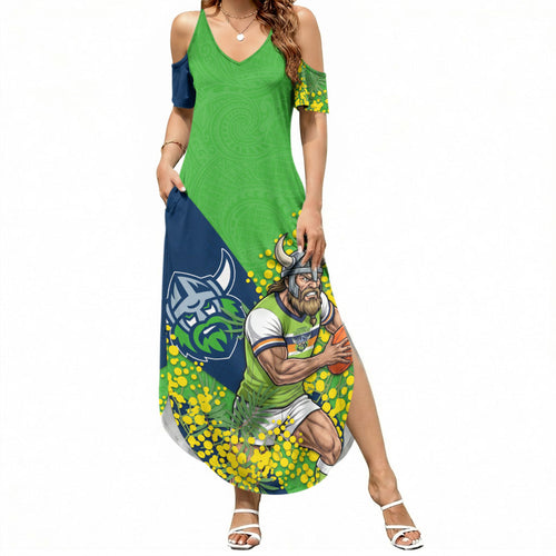 Canberra Raiders Summer Maxi Dress Golden Wattle Floral Polynesian - Australian Flower - Rugby Mascot