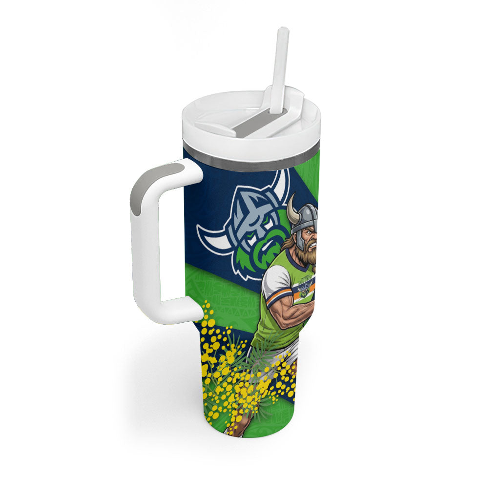 Canberra Raiders Tumbler With Handle Golden Wattle Floral Polynesian - Australian Flower - Rugby Mascot