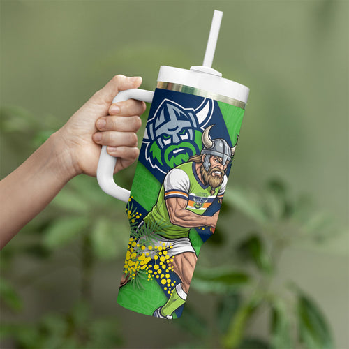 Canberra Raiders Tumbler With Handle Golden Wattle Floral Polynesian - Australian Flower - Rugby Mascot