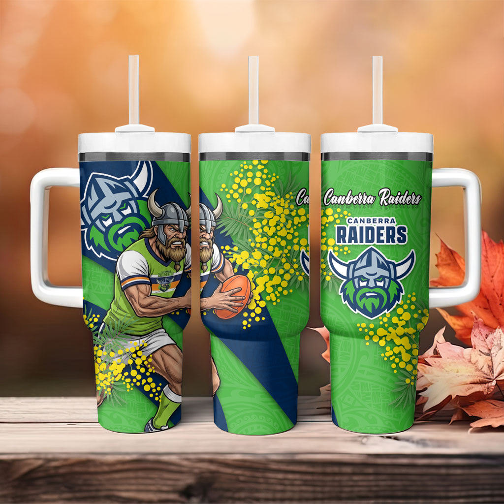 Canberra Raiders Tumbler With Handle Golden Wattle Floral Polynesian - Australian Flower - Rugby Mascot
