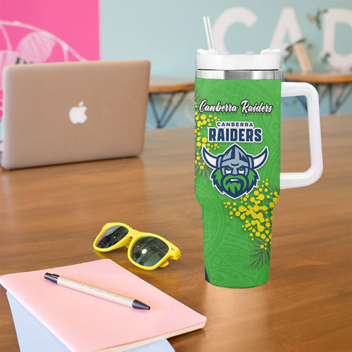 Canberra Raiders Tumbler With Handle Golden Wattle Floral Polynesian - Australian Flower - Rugby Mascot