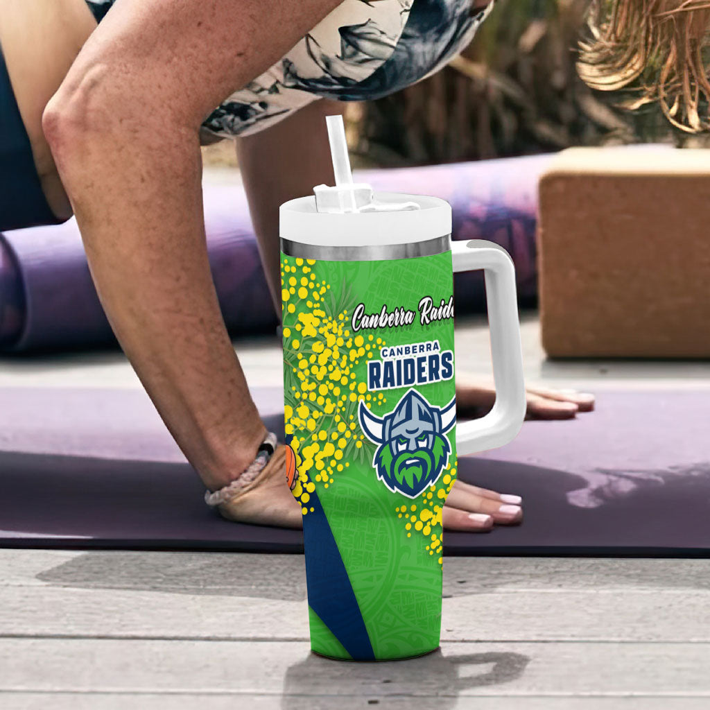Canberra Raiders Tumbler With Handle Golden Wattle Floral Polynesian - Australian Flower - Rugby Mascot
