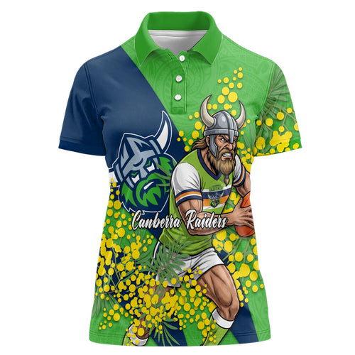 Canberra Raiders Women Polo Shirt Golden Wattle Floral Polynesian - Australian Flower - Rugby Mascot