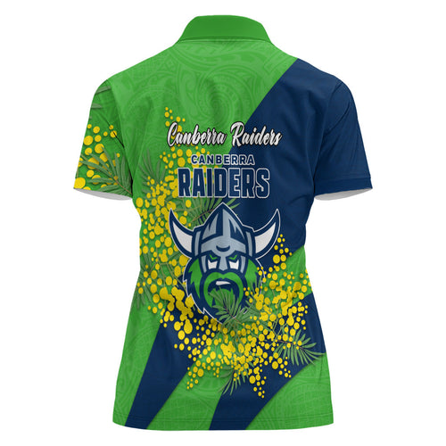Canberra Raiders Women Polo Shirt Golden Wattle Floral Polynesian - Australian Flower - Rugby Mascot