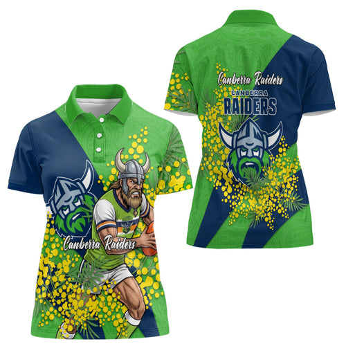 Canberra Raiders Women Polo Shirt Golden Wattle Floral Polynesian - Australian Flower - Rugby Mascot