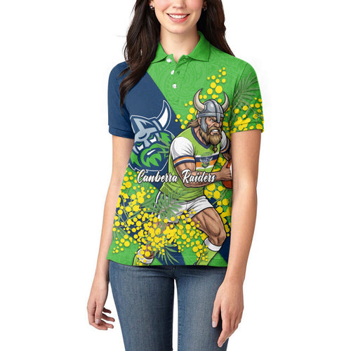 Canberra Raiders Women Polo Shirt Golden Wattle Floral Polynesian - Australian Flower - Rugby Mascot