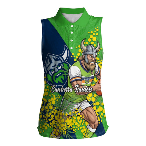 Canberra Raiders Women Sleeveless Polo Shirt Golden Wattle Floral Polynesian - Australian Flower - Rugby Mascot