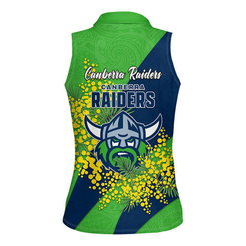 Canberra Raiders Women Sleeveless Polo Shirt Golden Wattle Floral Polynesian - Australian Flower - Rugby Mascot