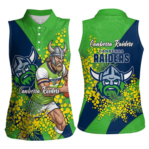 Canberra Raiders Women Sleeveless Polo Shirt Golden Wattle Floral Polynesian - Australian Flower - Rugby Mascot