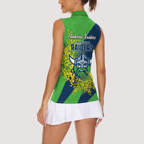 Canberra Raiders Women Sleeveless Polo Shirt Golden Wattle Floral Polynesian - Australian Flower - Rugby Mascot