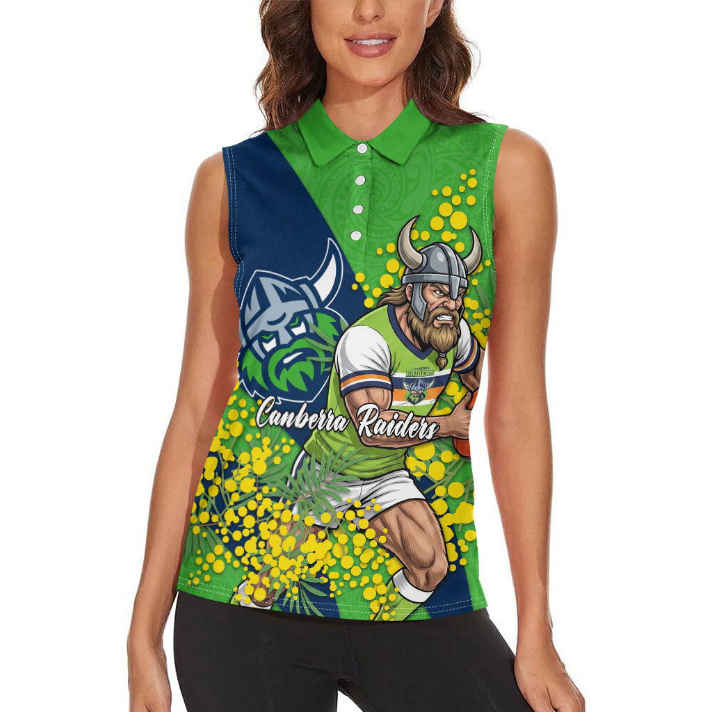 Canberra Raiders Women Sleeveless Polo Shirt Golden Wattle Floral Polynesian - Australian Flower - Rugby Mascot