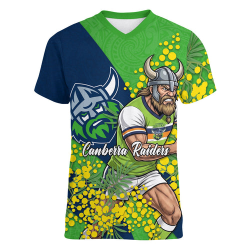 Canberra Raiders Women V-Neck T-Shirt Golden Wattle Floral Polynesian - Australian Flower - Rugby Mascot