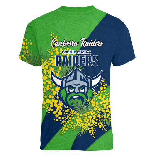 Canberra Raiders Women V-Neck T-Shirt Golden Wattle Floral Polynesian - Australian Flower - Rugby Mascot