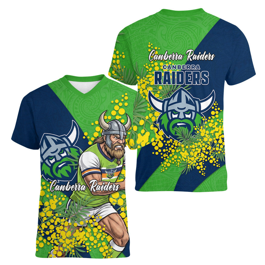 Canberra Raiders Women V-Neck T-Shirt Golden Wattle Floral Polynesian - Australian Flower - Rugby Mascot