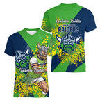 Canberra Raiders Women V-Neck T-Shirt Golden Wattle Floral Polynesian - Australian Flower - Rugby Mascot