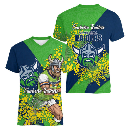 Canberra Raiders Women V-Neck T-Shirt Golden Wattle Floral Polynesian - Australian Flower - Rugby Mascot