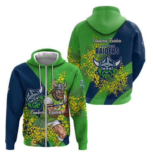 Canberra Raiders Zip Hoodie Golden Wattle Floral Polynesian - Australian Flower - Rugby Mascot
