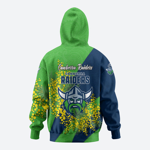 Canberra Raiders Zip Hoodie Golden Wattle Floral Polynesian - Australian Flower - Rugby Mascot