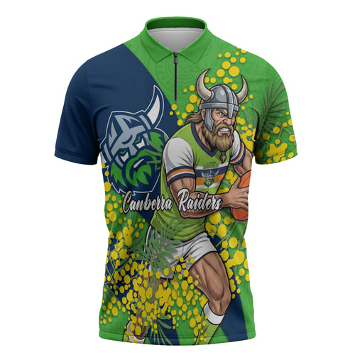 Canberra Raiders Zipper Polo Shirt Golden Wattle Floral Polynesian - Australian Flower - Rugby Mascot