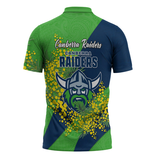Canberra Raiders Zipper Polo Shirt Golden Wattle Floral Polynesian - Australian Flower - Rugby Mascot