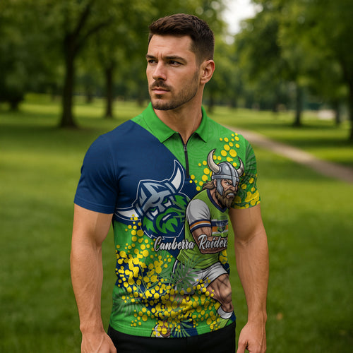 Canberra Raiders Zipper Polo Shirt Golden Wattle Floral Polynesian - Australian Flower - Rugby Mascot