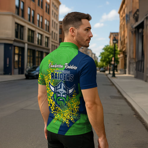 Canberra Raiders Zipper Polo Shirt Golden Wattle Floral Polynesian - Australian Flower - Rugby Mascot
