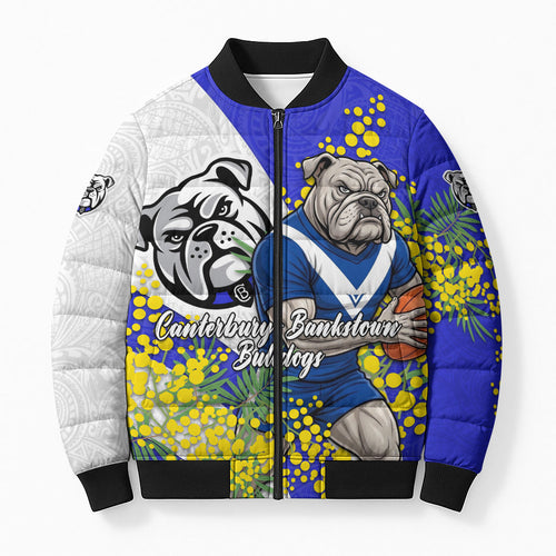 Canterbury Bankstown Bulldogs Bomber Puffer Jacket Golden Wattle Floral Polynesian - Australian Flower - Rugby Mascot