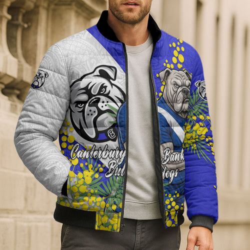 Canterbury Bankstown Bulldogs Bomber Puffer Jacket Golden Wattle Floral Polynesian - Australian Flower - Rugby Mascot