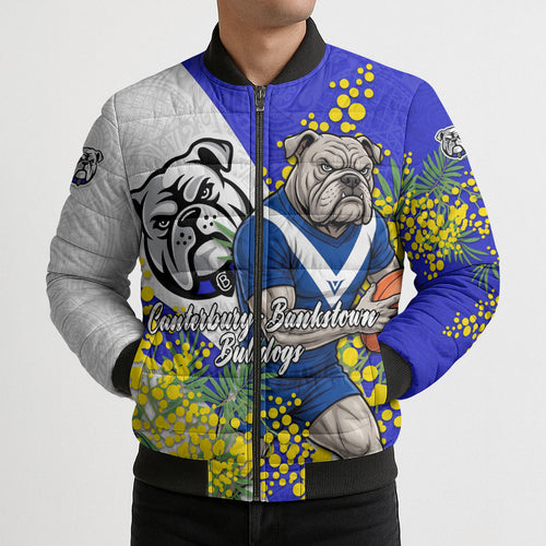 Canterbury Bankstown Bulldogs Bomber Puffer Jacket Golden Wattle Floral Polynesian - Australian Flower - Rugby Mascot