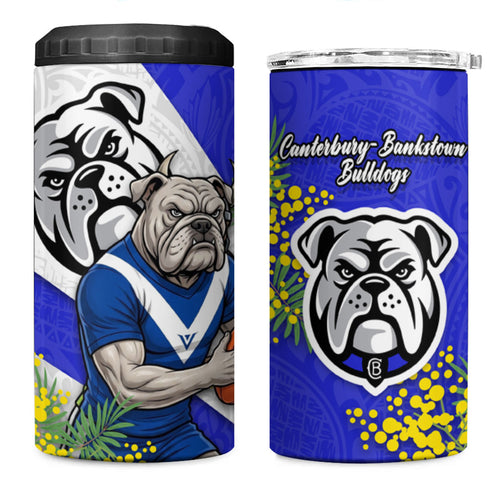 Canterbury Bankstown Bulldogs 4 in 1 Can Cooler Tumbler Golden Wattle Floral Polynesian - Australian Flower - Rugby Mascot